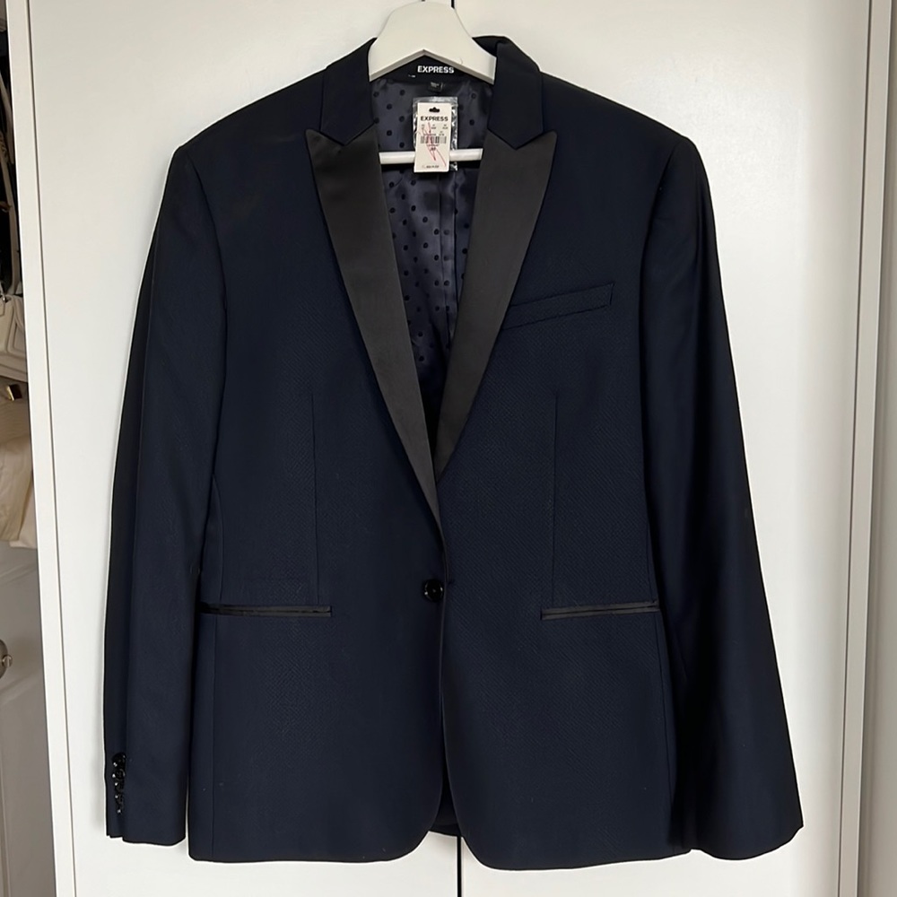 BRAND NEW Express Wool Men’s Blue Navy Slim Tuxedo Blazer | Size 38S